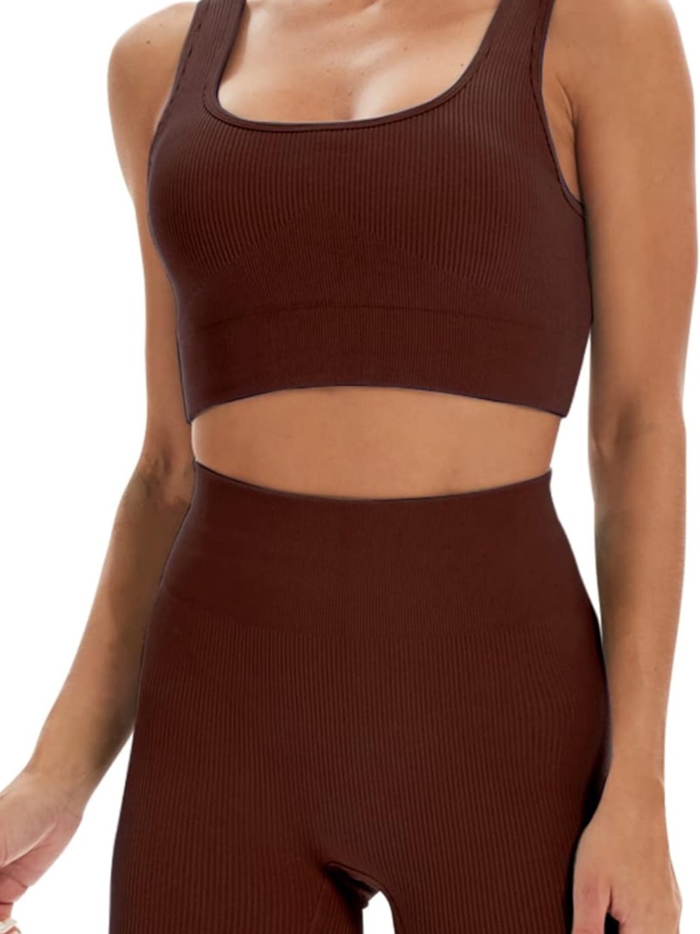 Seamless Ribbed Crop Tank and High-Waist Leggings Set - Chocolate Brown